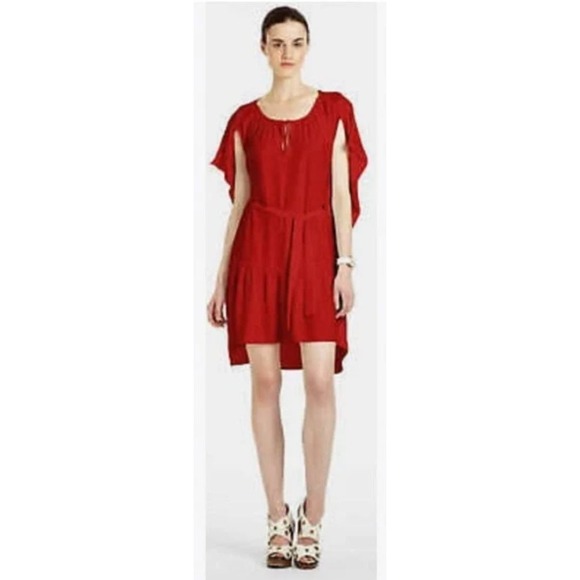 BCBGMAXAZRIA Oni Tie Waist Mini Dress Dropped Sleeve Hi-Low Red Sz XXS NWT $218 - Picture 1 of 10